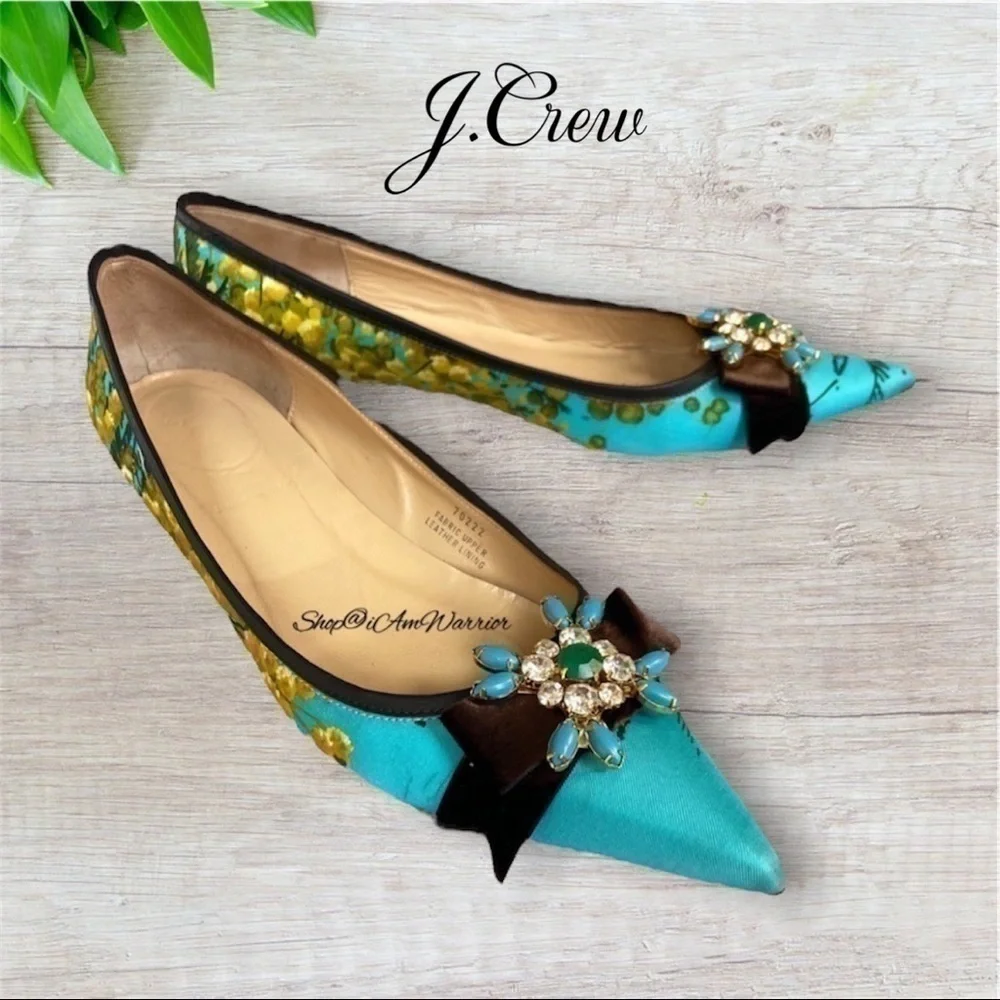 J.Crew RARE floral silk embellished bow pointed toe low heel flats/shoes